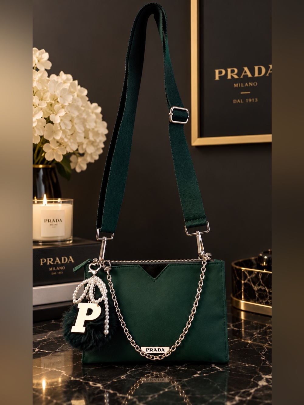 Prada beauty Dark Green pouch with silver hardware